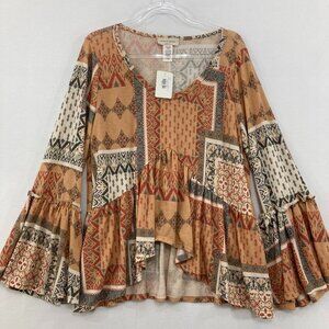 New Saints & Hearts Large Orange Gray Boho Ruffle Hem Festival Stretch Blouse